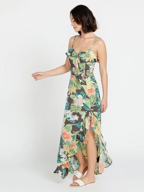 Volcom Tropical Floral High-Low Maxi Dress - Green Multi